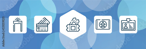 in the frontier outline icon set isolated on blue abstract background. thin line icons such as metal detector gate, simple credit card, ticket card, airplane flight card, pass vector. can be used