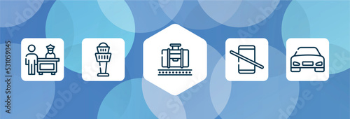 airport and travel outline icon set isolated on blue abstract background. thin line icons such as customs control, airport control tower, baggage claim, no mobile phones allowed, front car vector.