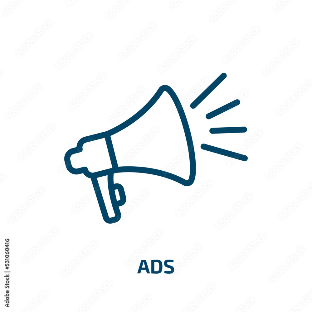 ads icon from social media marketing collection. Thin linear ads, page, internet outline icon isolated on white background. Line vector ads sign, symbol for web and mobile ads icon from social media marketing collection. Thin linear ads, page, internet outline icon isolated on white background. Line vector ads sign, symbol for web and mobile