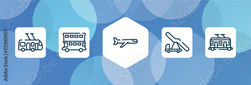 transport outline icon set isolated on blue abstract background. thin line icons such as trolleybus, double decker bus, airplane, aircraft stairs, trolley car vector. can be used for web and mobile.
