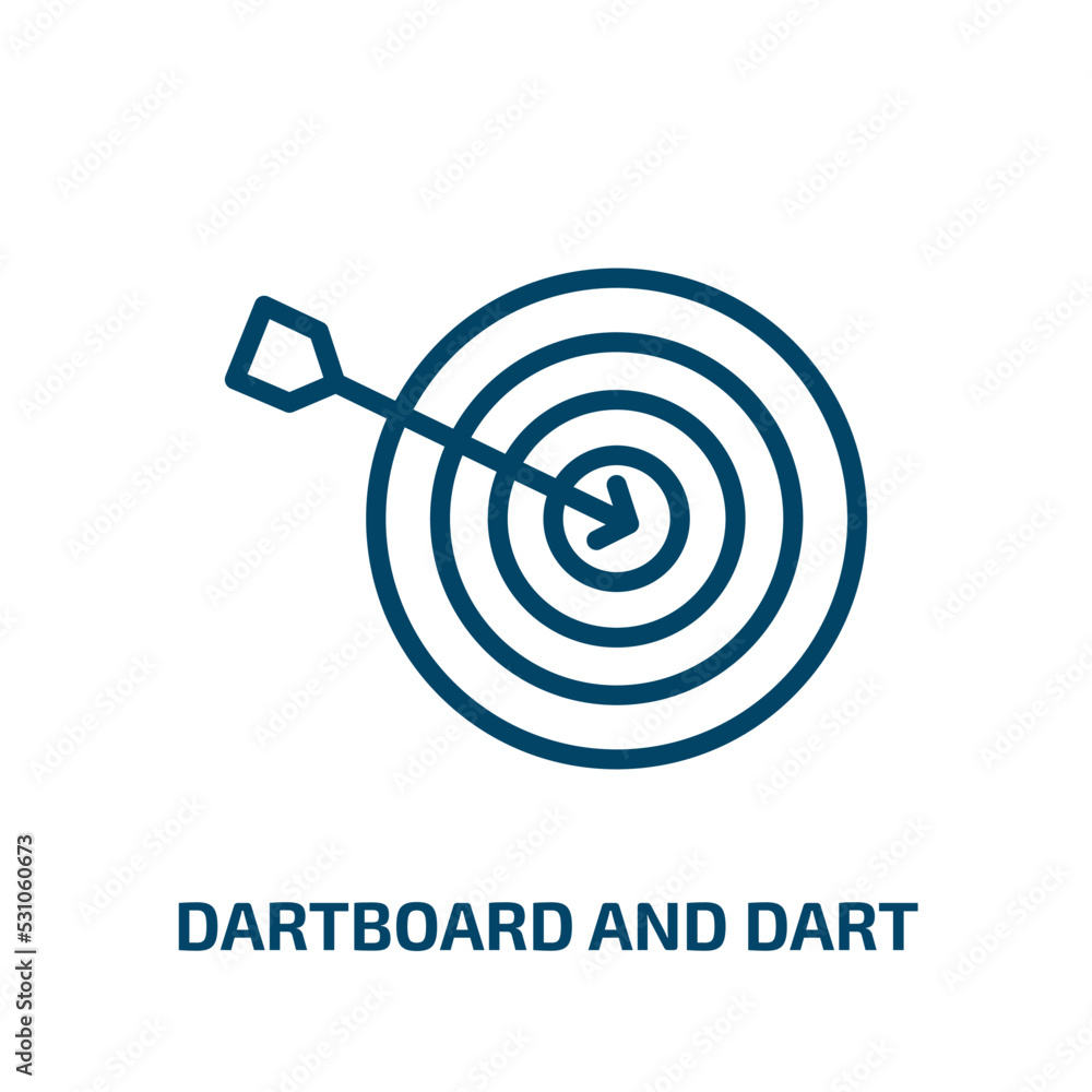 dartboard and dart icon from sports collection. Thin linear dartboard and dart, arrow, hit outline icon isolated on white background. Line vector dartboard and dart sign, symbol for web and mobile dartboard and dart icon from sports collection. Thin linear dartboard and dart, arrow, hit outline icon isolated on white background. Line vector dartboard and dart sign, symbol for web and mobile