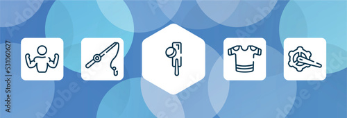 bicycle outline icon set isolated on blue abstract background. thin line icons such as bodybuilder, fishing, crocket, t-shirts, crank arm vector. can be used for web and mobile.