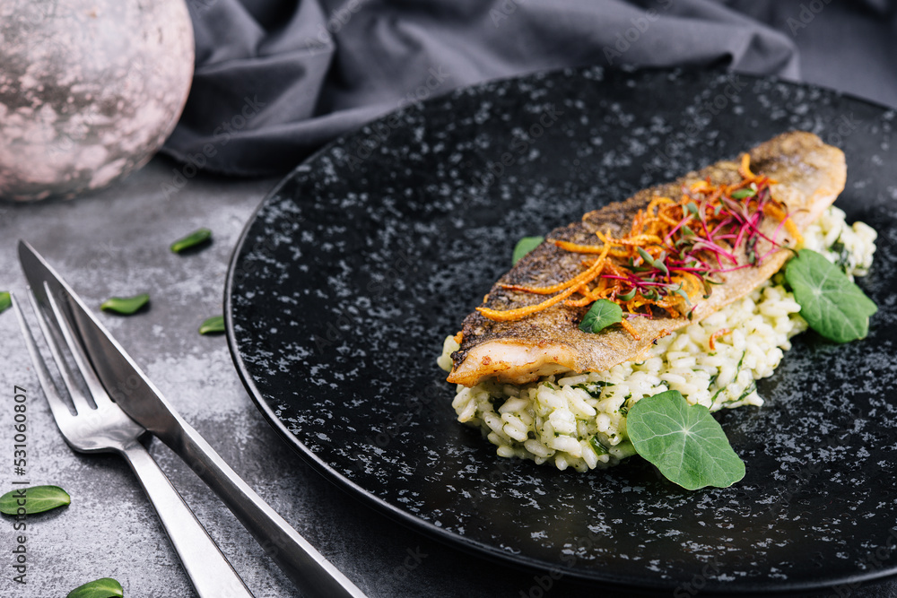 Baked white fish fillet served with steamed rice Baked white fish fillet served with steamed rice
