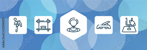 sports outline icon set isolated on blue abstract background. thin line icons such as ritual, bench press, waterpolo player, fitness step, rugby goal vector. can be used for web and mobile.