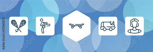 sport avatars outline icon set isolated on blue abstract background. thin line icons such as lacrosse, kicking, longboard, ice resurfacer, kickboxer vector. can be used for web and mobile.