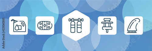 surf outline icon set isolated on blue abstract background. thin line icons such as oil down, arena, gas cilinder, paddock, fin vector. can be used for web and mobile.