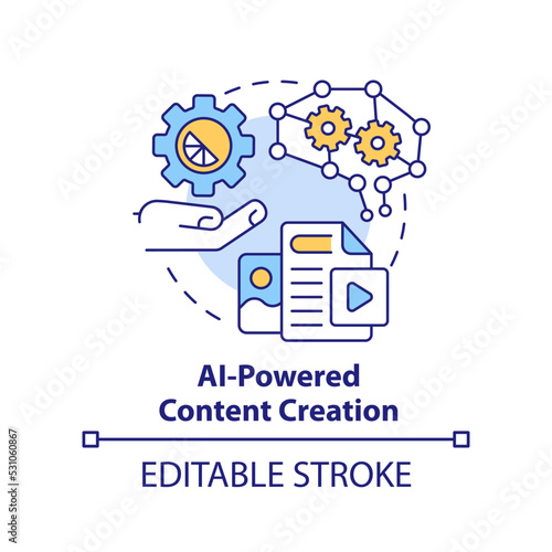 AI powered content creation concept icon. Technology integration in marketing abstract idea thin line illustration. Isolated outline drawing. Editable stroke. Arial, Myriad Pro-Bold fonts used