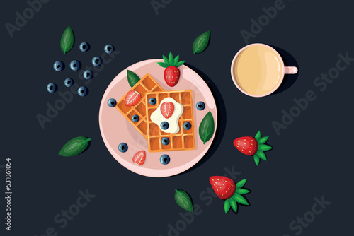 Belgian waffles with berries and cream. Flat style illustration isolated on blue background