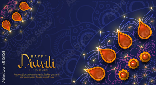 Happy Diwali Poster with Diya Lamp and Peacock Vector Illustration. Indian festival of lights Design. Suitable for Greeting Card, Banner, Flyer, Template. 
