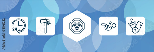 pictograms outline icon set isolated on blue abstract background. thin line icons such as 24 hours service, native american tomahawk, biological hazard, childcare, lost items vector. can be used for