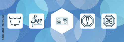 indications outline icon set isolated on blue abstract background. thin line icons such as wash cycle permanent press, babysitter and child, restroom, caution, site seeing place vector. can be used