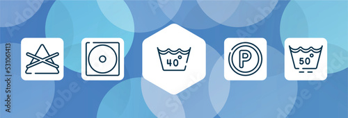 laundry instructions outline icon set isolated on blue abstract background. thin line icons such as do not bleach, dry low heat, 40 degree laundry, p inside a circle, null vector. can be used for