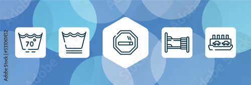 indications outline icon set isolated on blue abstract background. thin line icons such as null, delicate washcycle, smoke zone, dormitory, ferry carrying cars vector. can be used for web and