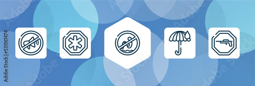 indications outline icon set isolated on blue abstract background. thin line icons such as no shouting allowed, phary, no bomb jump, rain umbrella, hunting zone vector. can be used for web and