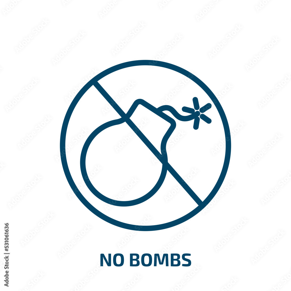 no bombs icon from traffic signs collection. Thin linear no bombs, weapon, bomb outline icon isolated on white background. Line vector no bombs sign, symbol for web and mobile no bombs icon from traffic signs collection. Thin linear no bombs, weapon, bomb outline icon isolated on white background. Line vector no bombs sign, symbol for web and mobile