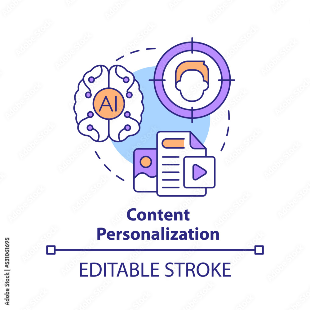 Content personalization concept icon. Unique offer. AI in marketing abstract idea thin line illustration. Isolated outline drawing. Editable stroke. Arial, Myriad Pro-Bold fonts used