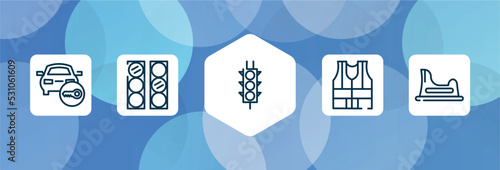 public services fill outline icon set isolated on blue abstract background. thin line icons such as locked car, semaphore lights, semaphore traffic lights, high visibility vest, baby toilet vector.
