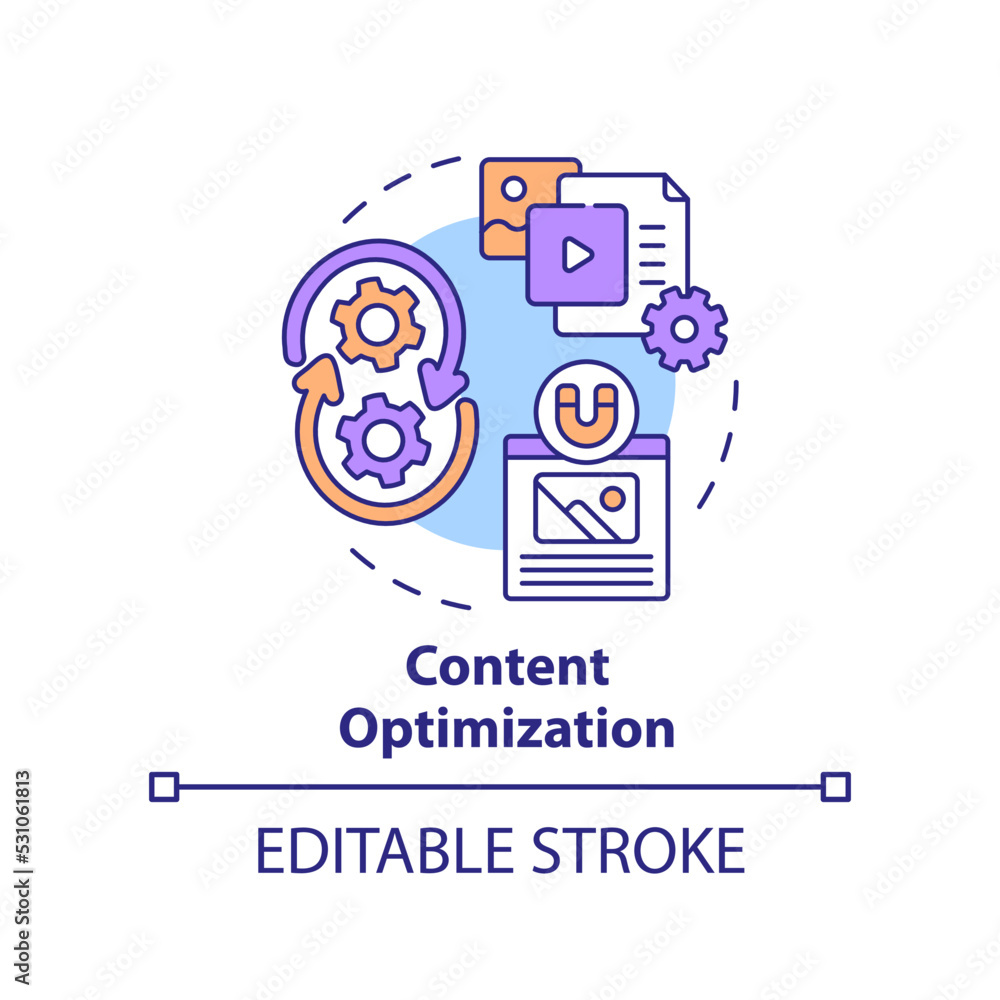 Content optimization concept icon. SEO analytics. AI in marketing abstract idea thin line illustration. Isolated outline drawing. Editable stroke. Arial, Myriad Pro-Bold fonts used