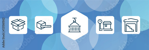 shipping and handly outline icon set isolated on blue abstract background. thin line icons such as open pack, search box, use hook, weighting, stack in depot vector. can be used for web and mobile.