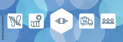 logistics outline icon set isolated on blue abstract background. thin line icons such as do not stand on, map and placeholder, clamp as indicated, shipping truck, this side up vector. can be used