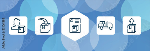 global logistic outline icon set isolated on blue abstract background. thin line icons such as delivery woman, put in box, dispatch note, loaded truck, delivery box vector. can be used for web and