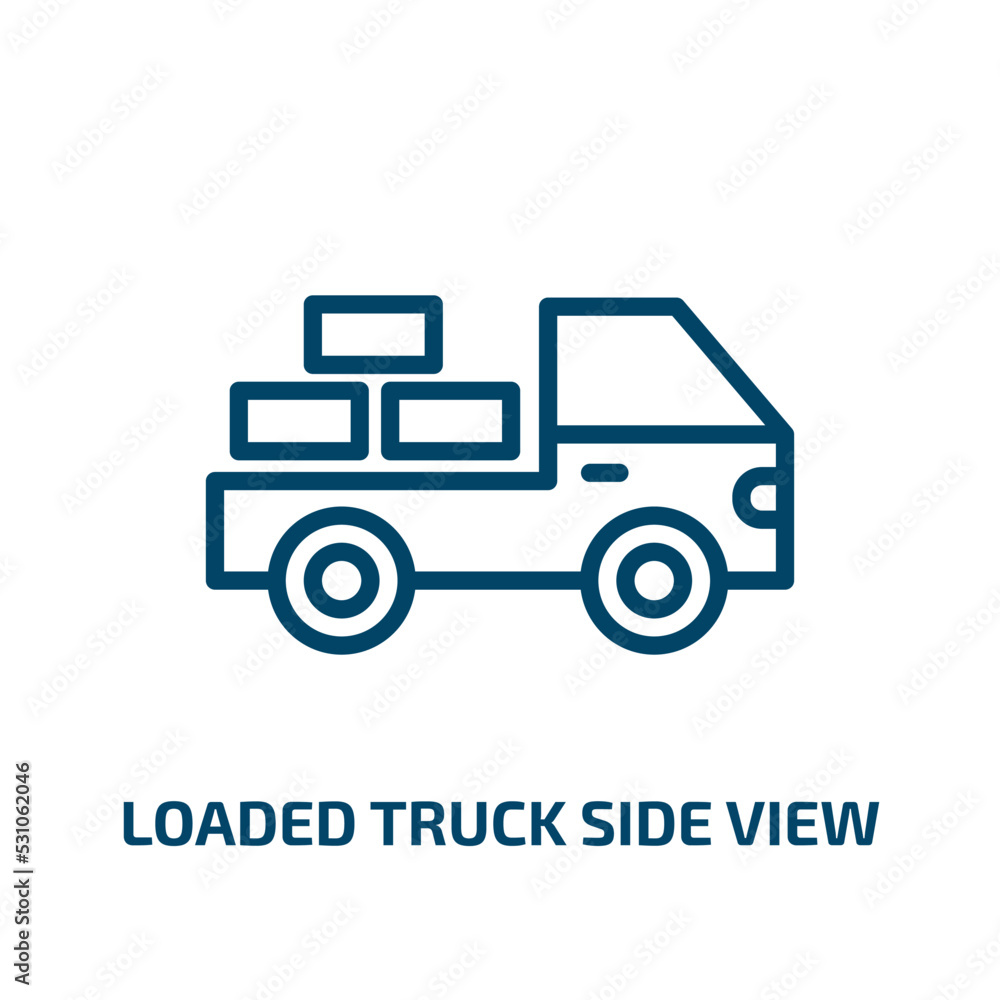 loaded truck side view icon from transport collection. Thin linear loaded truck side view, industry, vehicle outline icon isolated on white background. Line vector loaded truck side view sign, symbol