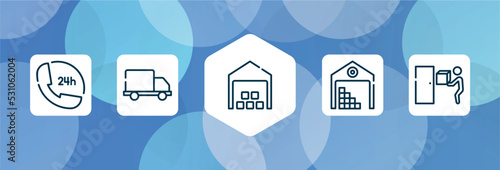 logistic outline icon set isolated on blue abstract background. thin line icons such as 24 hours phone service, free delivery truck, distribution center, stack in deposite, doorstep vector. can be