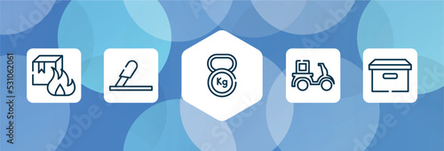 boxes outline icon set isolated on blue abstract background. thin line icons such as flammable box, use cutter, weight tool, delivery courier, cardboard box with lid vector. can be used for web and