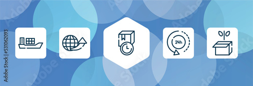 logistics outline icon set isolated on blue abstract background. thin line icons such as cargo boat, international delivery, receiving time, 24 hours delivery, green logistics vector. can be used