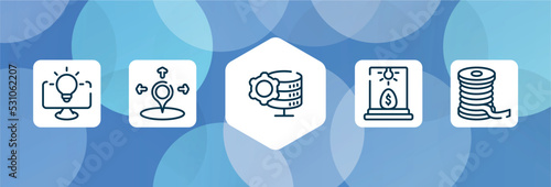 general outline icon set isolated on blue abstract background. thin line icons such as business intelligence, coordinate, data engineering, business incubator, filament vector. can be used for web