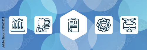 general outline icon set isolated on blue abstract background. thin line icons such as business performance, big data scientist, hr policies, core values, computing technology vector. can be used