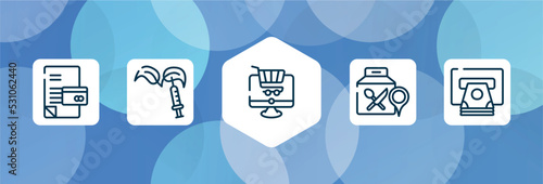 general outline icon set isolated on blue abstract background. thin line icons such as credit history, gmo, ecommerce platform, food delivery, atm cash vector. can be used for web and mobile.