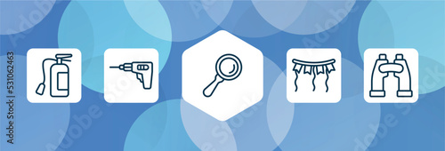 general outline icon set isolated on blue abstract background. thin line icons such as fire estinguisher, perforator, magnifiying glass, party decoration, binocular vector. can be used for web and