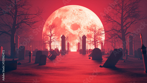 Graveyard at Full Moon Night Halloween Background 3D Renderig