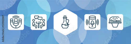 general outline icon set isolated on blue abstract background. thin line icons such as user engagement, job interview, massage oil, smart assistant, solarium vector. can be used for web and mobile.