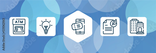 business and finance outline icon set isolated on blue abstract background. thin line icons such as atm card, lightbulb black tool shape, eticket, fresh content, federal bank vector. can be used for