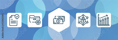 marketing and seo outline icon set isolated on blue abstract background. thin line icons such as file submit, folder with plus, big paper bill, private network, seo performance vector. can be used