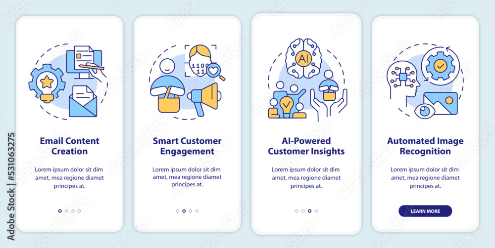 AI technology in marketing onboarding mobile app screen. Progress walkthrough 4 steps editable graphic instructions with linear concepts. UI, UX, GUI template. Myriad Pro-Bold, Regular fonts used