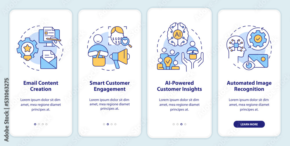 AI technology in marketing onboarding mobile app screen. Progress walkthrough 4 steps editable graphic instructions with linear concepts. UI, UX, GUI template. Myriad Pro-Bold, Regular fonts used AI technology in marketing onboarding mobile app screen. Progress walkthrough 4 steps editable graphic instructions with linear concepts. UI, UX, GUI template. Myriad Pro-Bold, Regular fonts used