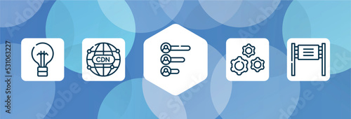 advertising outline icon set isolated on blue abstract background. thin line icons such as black lightbulb, cdn, voting results, wheel with cogs, road banner vector. can be used for web and mobile.