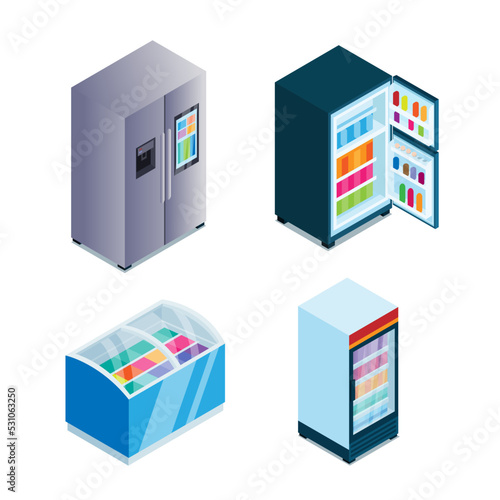 Fridge home and industry collection set in isometric illustration vector