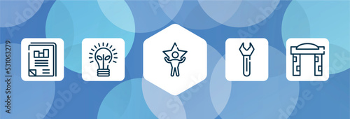 advertisement outline icon set isolated on blue abstract background. thin line icons such as business journal, ecological lightbulb, superior, key tool, welcome gate vector. can be used for web and