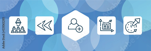 project management outline icon set isolated on blue abstract background. thin line icons such as seminar, left arrow head, hire, analytic chart, time out vector. can be used for web and mobile.