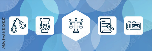 law and justice outline icon set isolated on blue abstract background. thin line icons such as criminal law, civil rights, adminstrative law, documents, recorder vector. can be used for web and