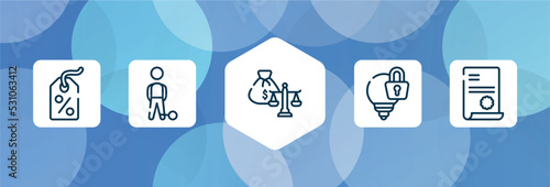 law and justice outline icon set isolated on blue abstract background. thin line icons such as bargain, convict, inheritance law, intellectual property, contract law vector. can be used for web and