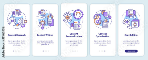 AI in content onboarding mobile app screen. Business online walkthrough 5 steps editable graphic instructions with linear concepts. UI, UX, GUI template. Myriad Pro-Bold, Regular fonts used