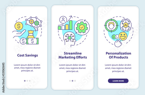 Benefits of AI in marketing onboarding mobile app screen. Walkthrough 3 steps editable graphic instructions with linear concepts. UI, UX, GUI template. Myriad Pro-Bold, Regular fonts used