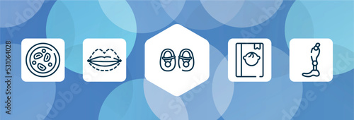 medicine outline icon set isolated on blue abstract background. thin line icons such as microscopic, sil, baby shoes, baby book, prothesis vector. can be used for web and mobile.