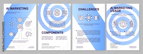 AI integration in marketing blue brochure template. Business digitization. Leaflet design with linear icons. 4 vector layouts for presentation, annual reports. Arial, Myriad Pro-Regular fonts used
