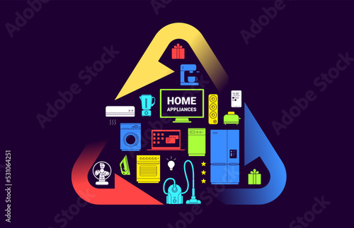 Vector illustration of recycle sign with color different appliance on dark background. Flat line art style design eco friendly home appliance set